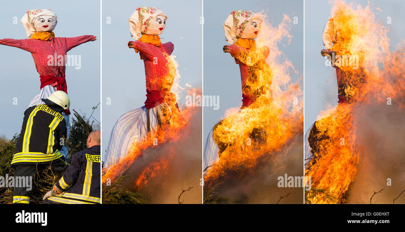 Sieversdorf, Allemagne. Apr 30, 2016. COMBO - un tableau composite montre une poupée de paille représentant une sorcière pendant la combustion d'un feu préparé et suivi par les pompiers de Sieversdorf, Allemagne, 30 avril 2016. L'incendie peut, aussi connu sous le nom de Witch Fire, est célébré avec un feu de route de mauvais esprits, dans de nombreuses régions d'Allemagne le 30 avril. Photo : PATRICK PLEUL/dpa/Alamy Live News Banque D'Images