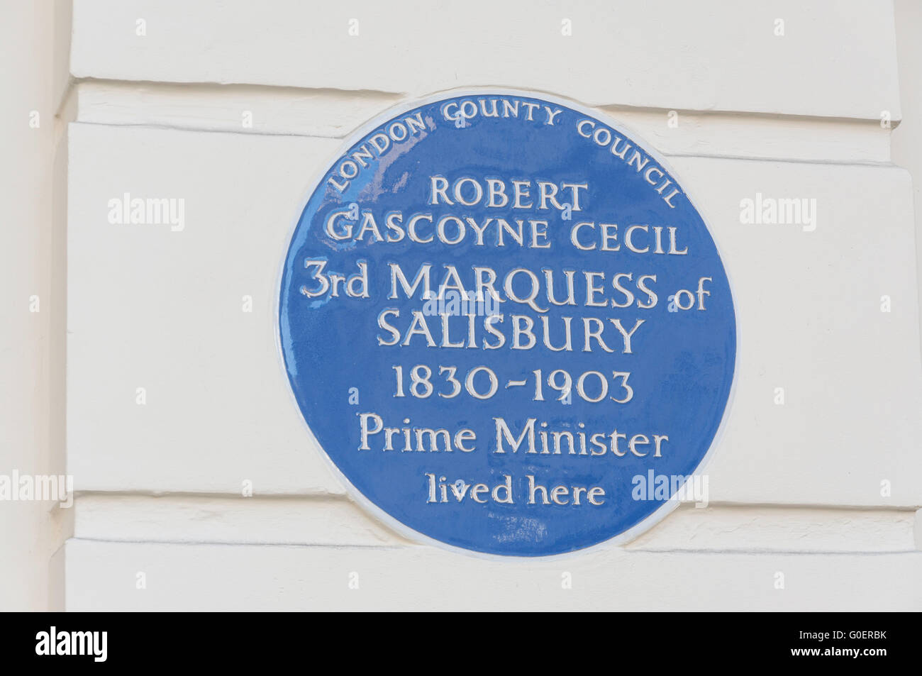 Blue plaque de 3e marquis de Salisbury, Fitzroy Square, Fitzrovia, London Borough of Camden, Londres, Angleterre, Royaume-Uni Banque D'Images