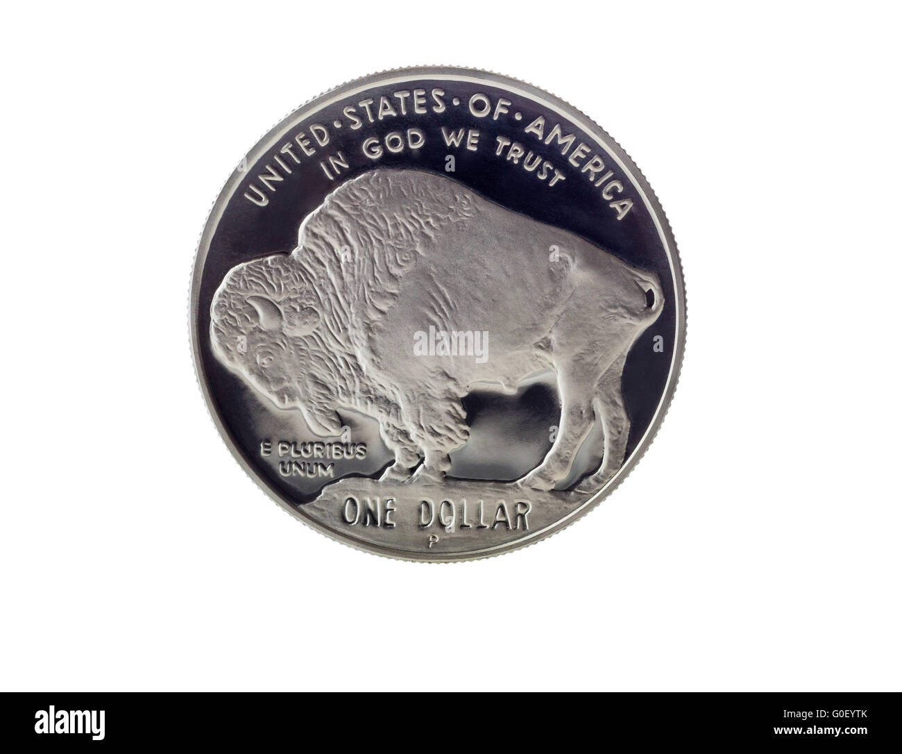 Buffalo Silver Dollar avec réflexion sur blanc Banque D'Images