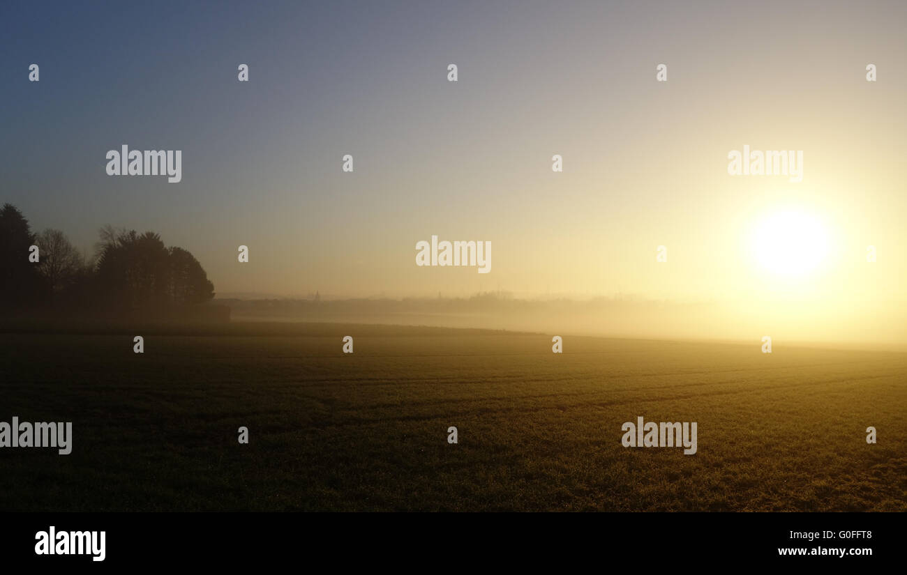 Soleil du matin et le brouillard dans la vallée. Banque D'Images