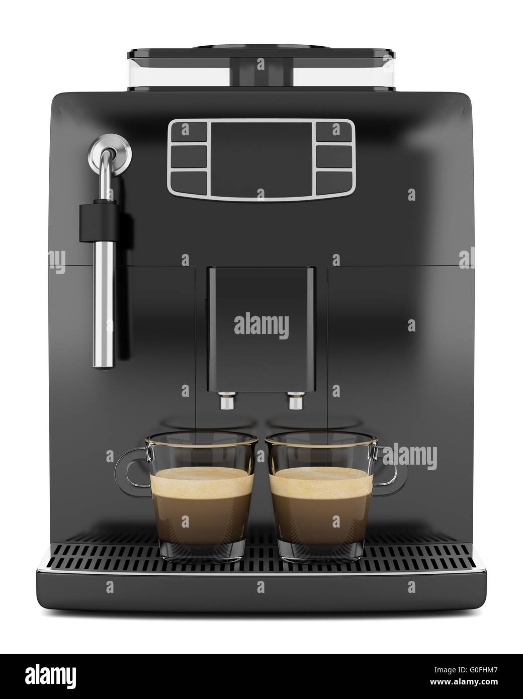 Machine à café noir avec deux tasses isolé sur fond blanc Banque D'Images