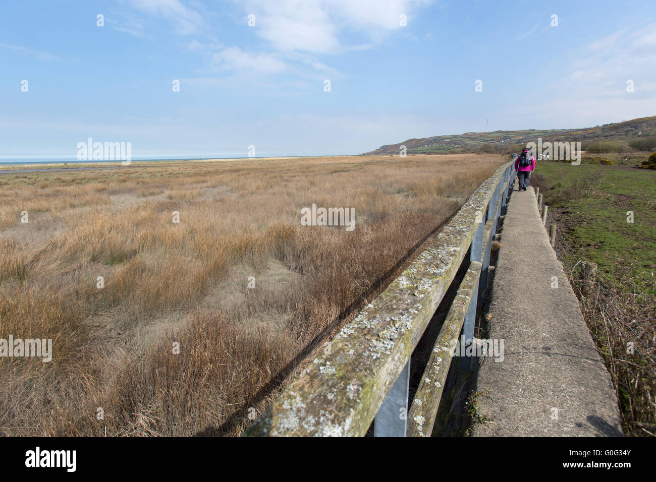 Une vue pittoresque de walker marche sur la mer de mur de l''Anglesey chemin côtier, à Red Bay Wharf. Banque D'Images