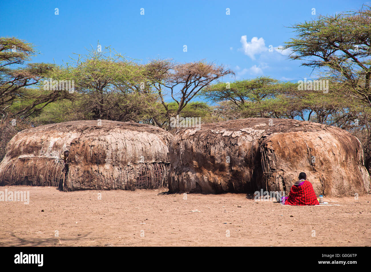 Huttes masaï dans leur village en Tanzanie, Afrique Banque D'Images