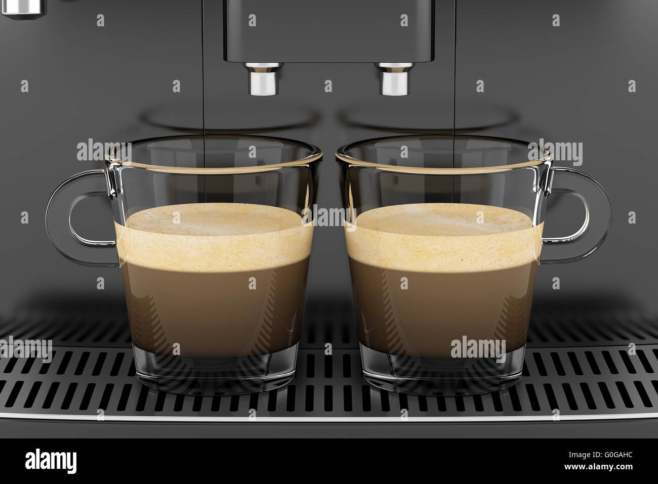 Deux tasses de café noir avec debout sur une machine à café Banque D'Images
