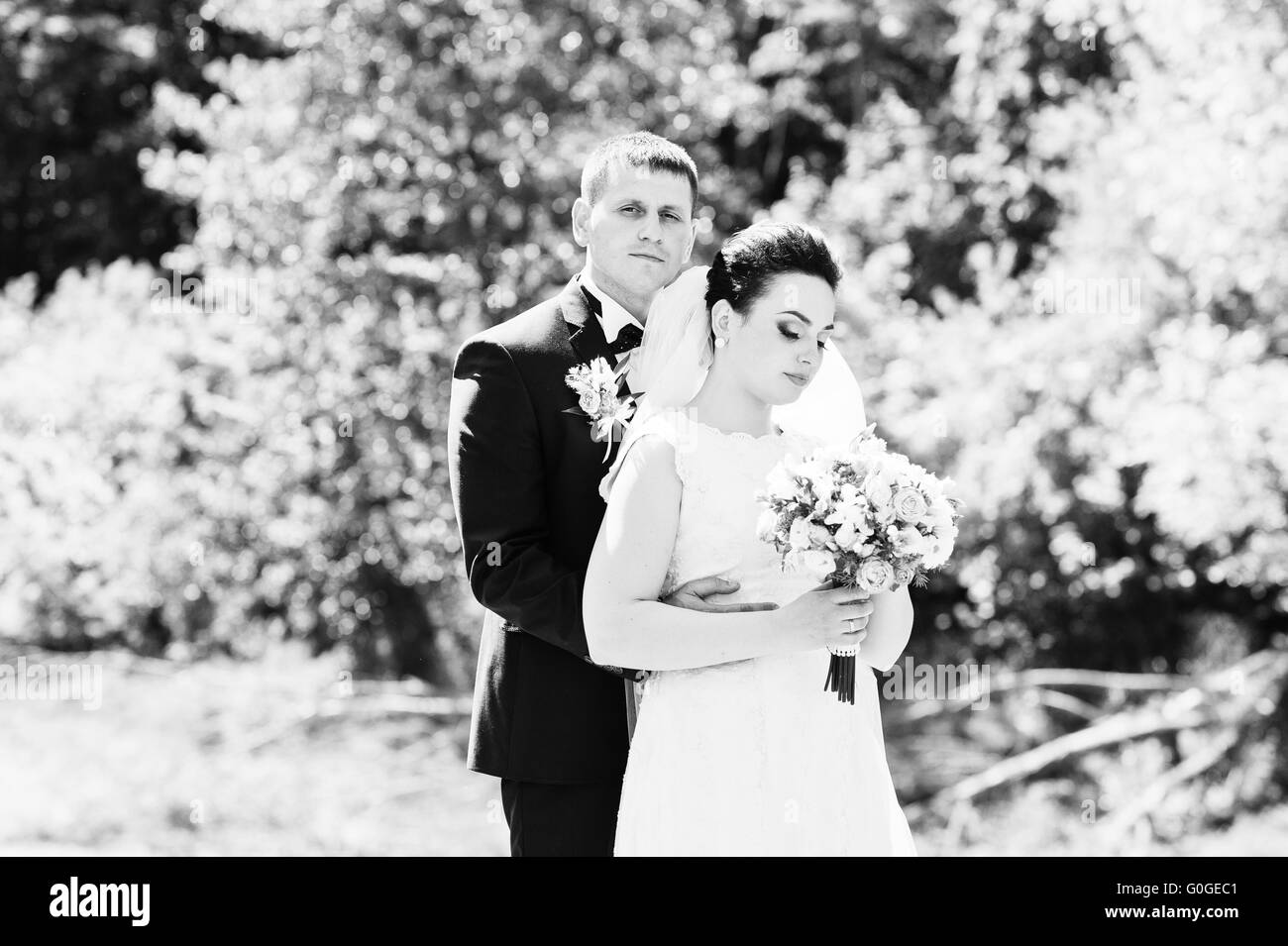 Gorgeus wedding couple sur vert forêt ensoleillée Banque D'Images