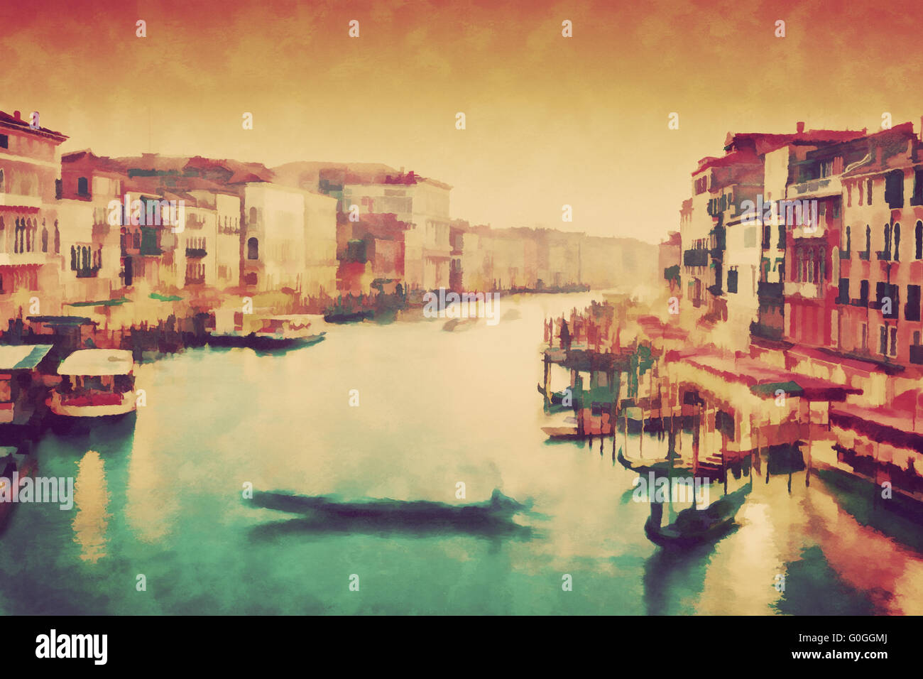 Vintage peinture de Venise, Italie. Gondola flotte sur Grand Canal Banque D'Images