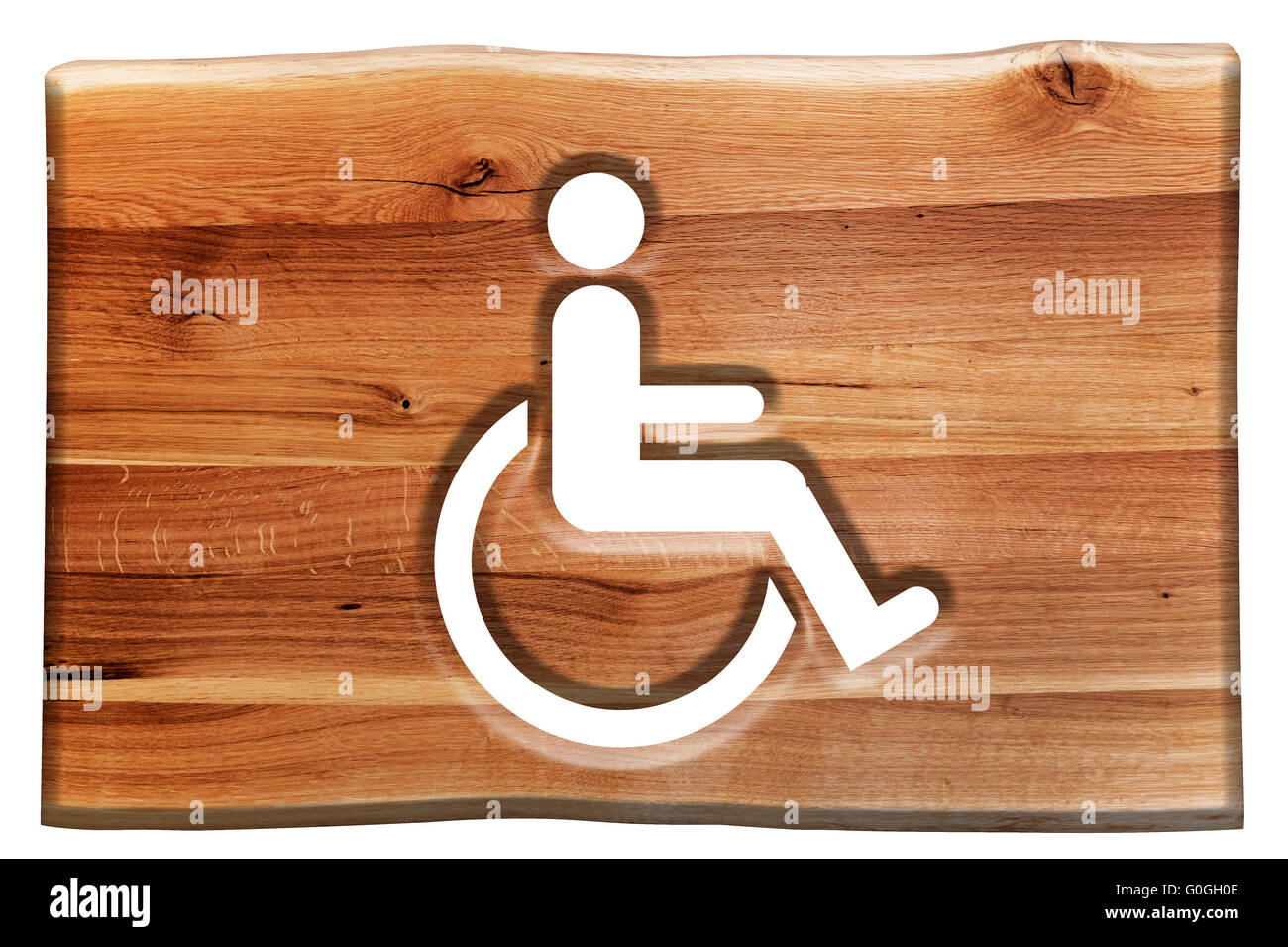 Homme en fauteuil roulant sur l'affiche, symbole de handicapés, personne handicapée en planche de bois. Banque D'Images