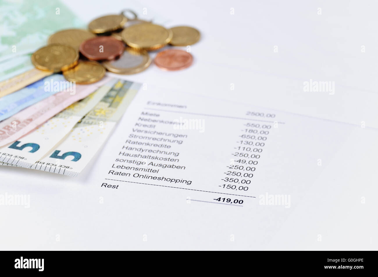 Les pièces en euros et le projet de loi avec la carte Banque D'Images