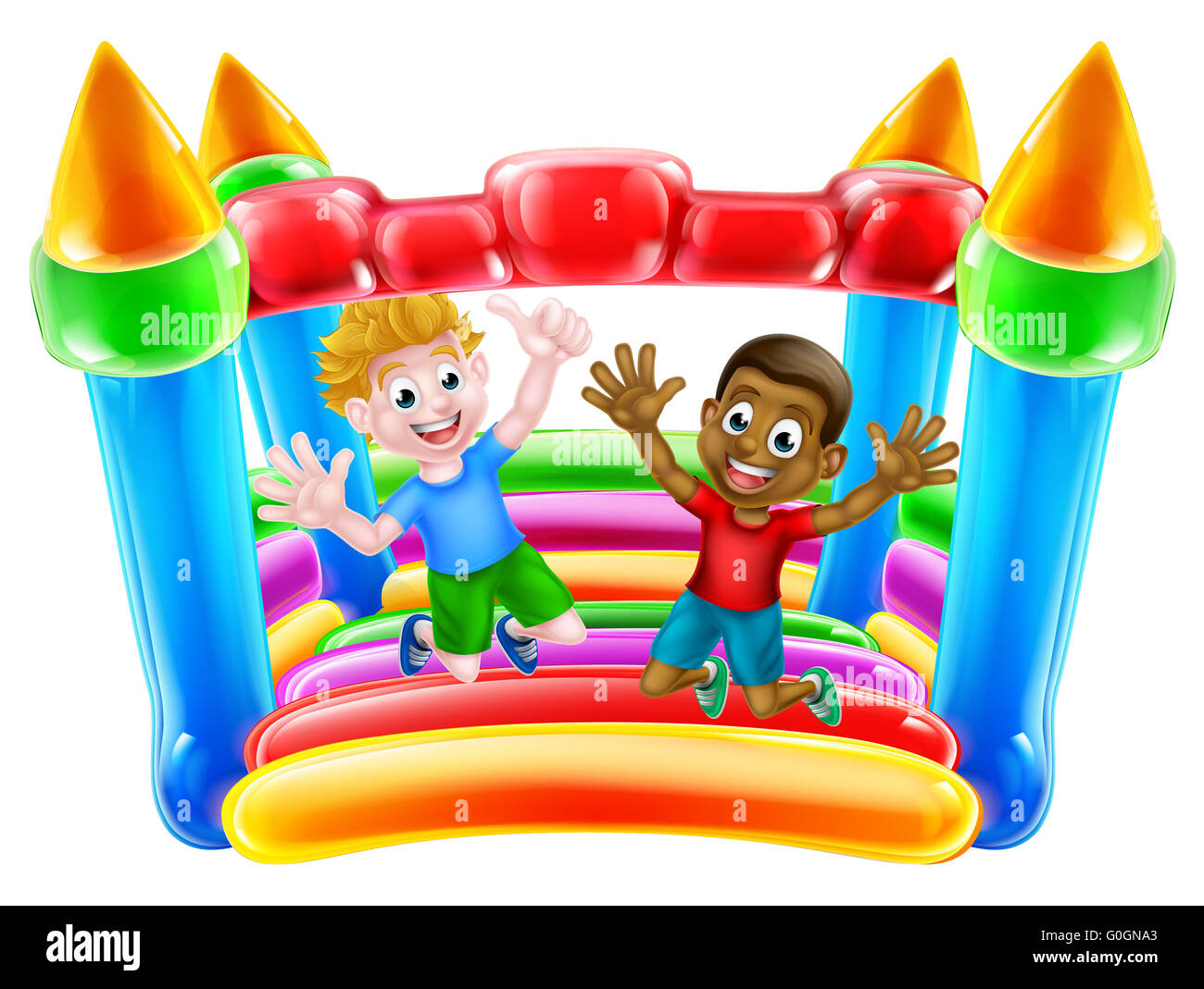 Les enfants s'amusant sur un château gonflable ou maison Banque D'Images