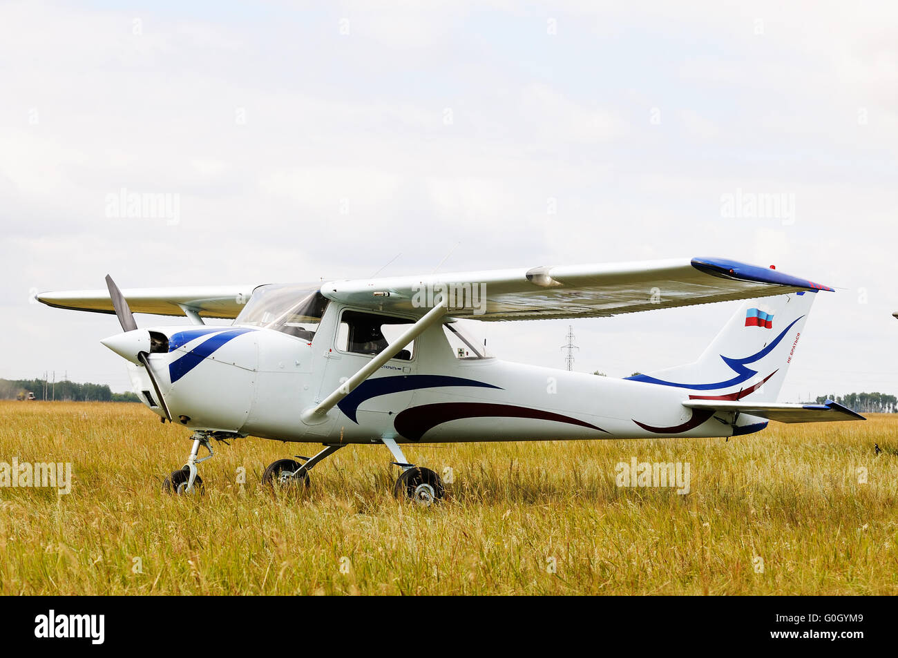 À hélices privé avion a atterri dans le champ vert Banque D'Images