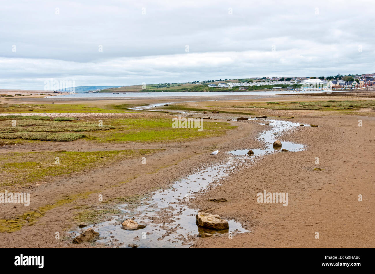 Le ruisseau à l'extrémité sud de la flotte, qui comble une petite lagune avec de l'eau à marée haute et des liens avec la flotte. Banque D'Images