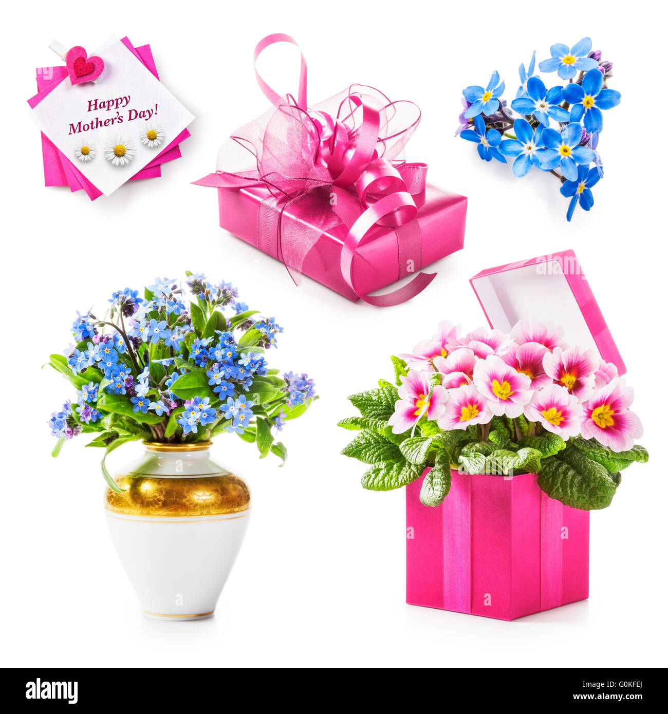 Collection cadeau de fête des mères. Boîte cadeau rose, fleurs, cartes de vœux isolé sur fond blanc. Maison de vacances concept actuel Banque D'Images