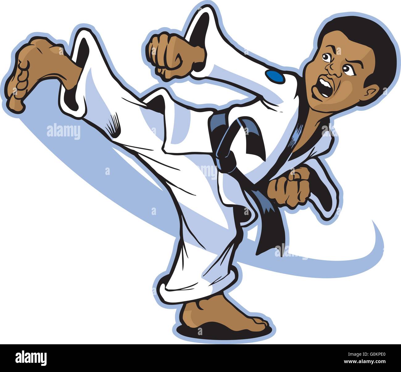 Cartoon Vector clip art illustration d'un garçon de l'origine ethnique de l'Afrique de l'artiste martiale de l'exécution d'une spinning back kick. Illustration de Vecteur