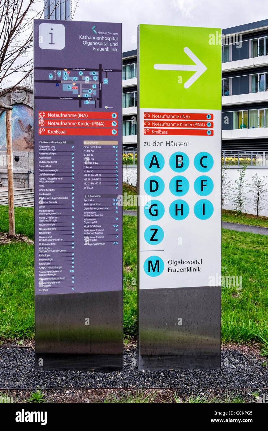 La carte et l'information board de l'hôpital Klinikum Stuttgart, Stuttgart, Allemagne Banque D'Images