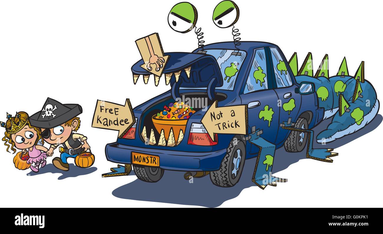 Un vector clip art caricature de deux enfants approching prudemment une voiture décorée pour une ligne ou traiter l'événement sur l'Halloween. Illustration de Vecteur