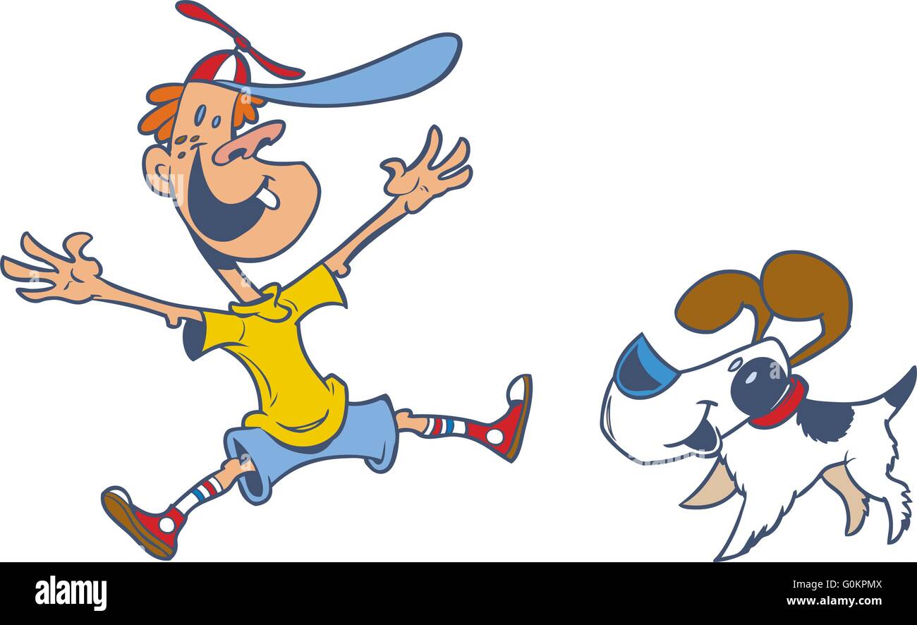 Retro style cartoon vector clip art d'un jumping garçon qui est heureux de voir son chien. Illustration de Vecteur