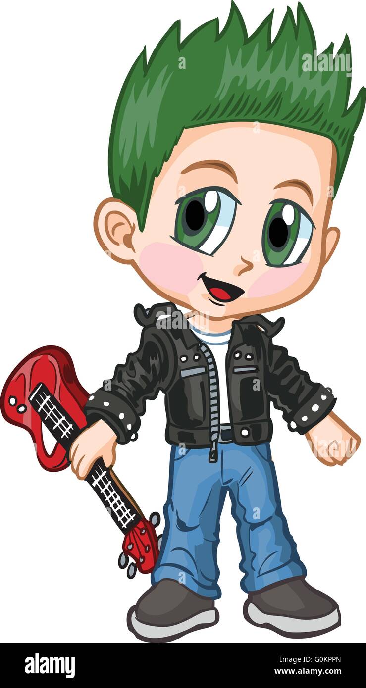 Vector cartoon clip art d'un garçon de race blanche dans un punk rocker costume, dessiné dans un style de manga ou d'anime. Illustration de Vecteur