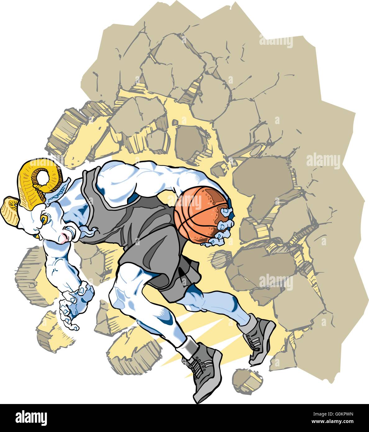 Cartoon vector clip art illustration d'un mouflon de charge ou ram mascotte de basket-ball l'éclatement d'un mur. Illustration de Vecteur