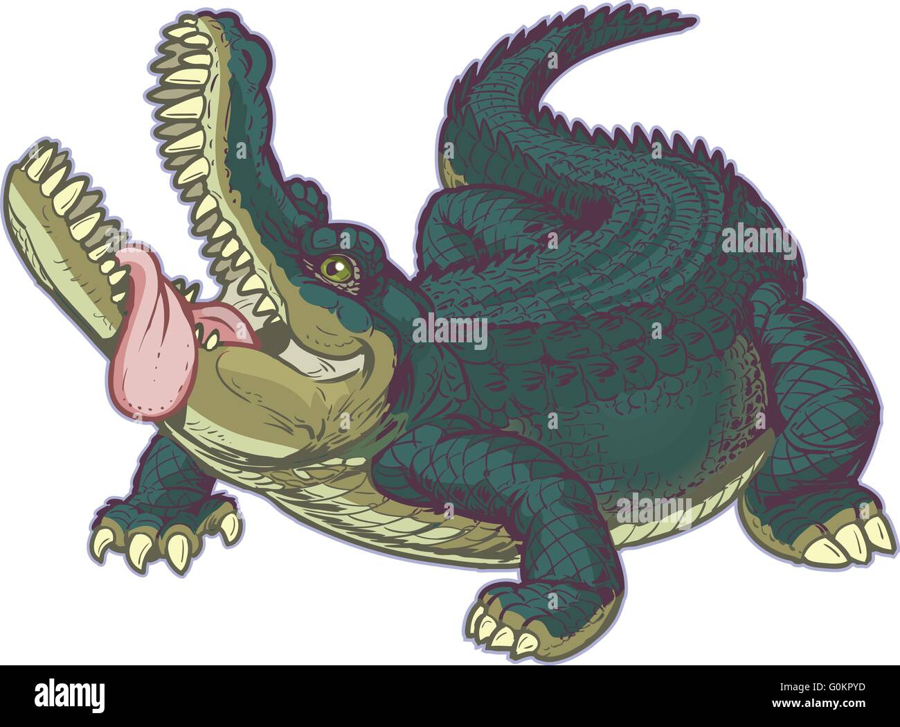 Funny cartoon vector clip art illustration d'un grand crocodile affamé à la recherche vers le haut avec sa bouche ouverte et la langue de traîner. Illustration de Vecteur
