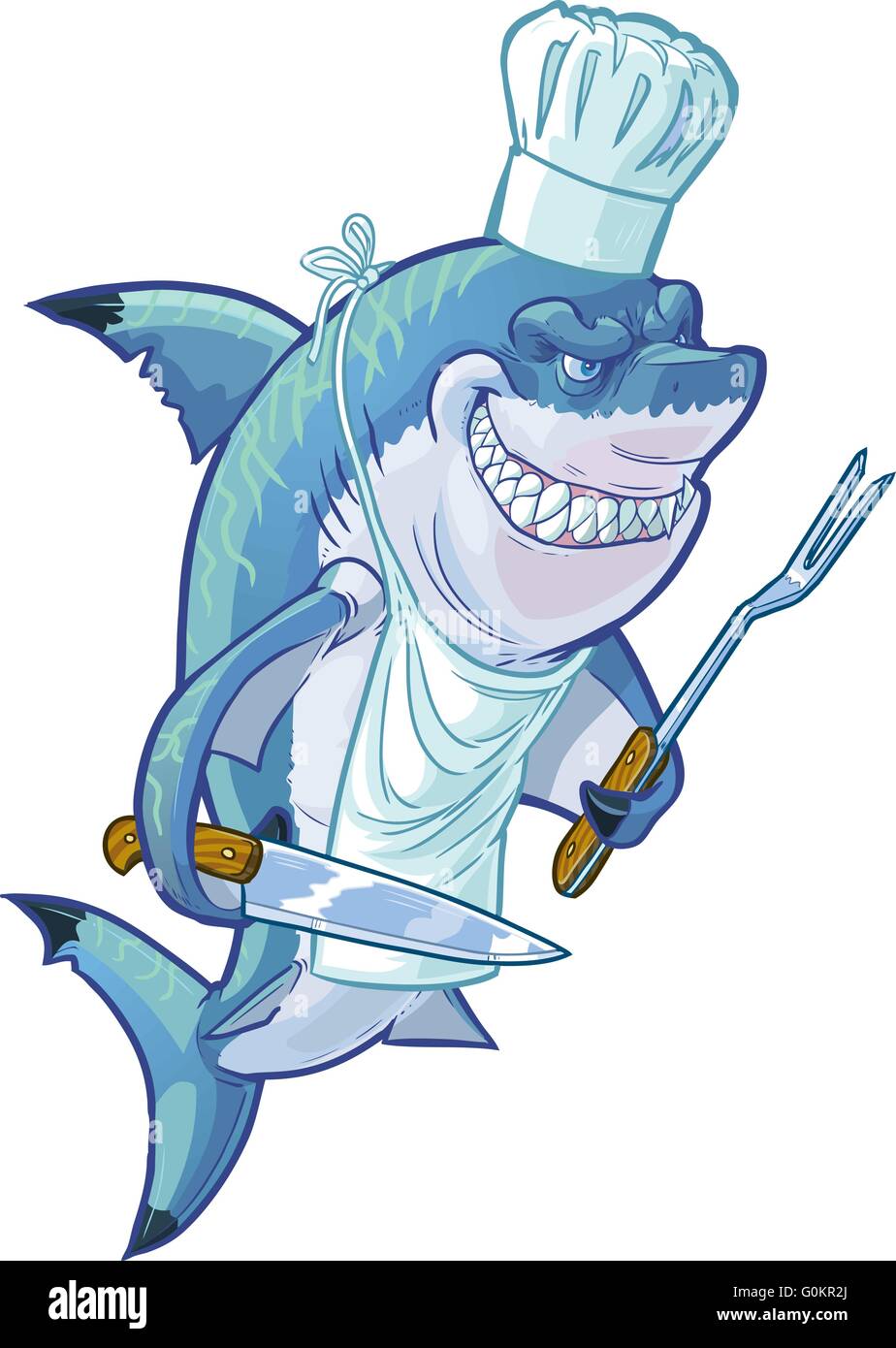 Vector cartoon clip art illustration d'un requin souriant moyenne avec un chef hat, tablier, barbecue, fourchette et couteau de boucher. Illustration de Vecteur
