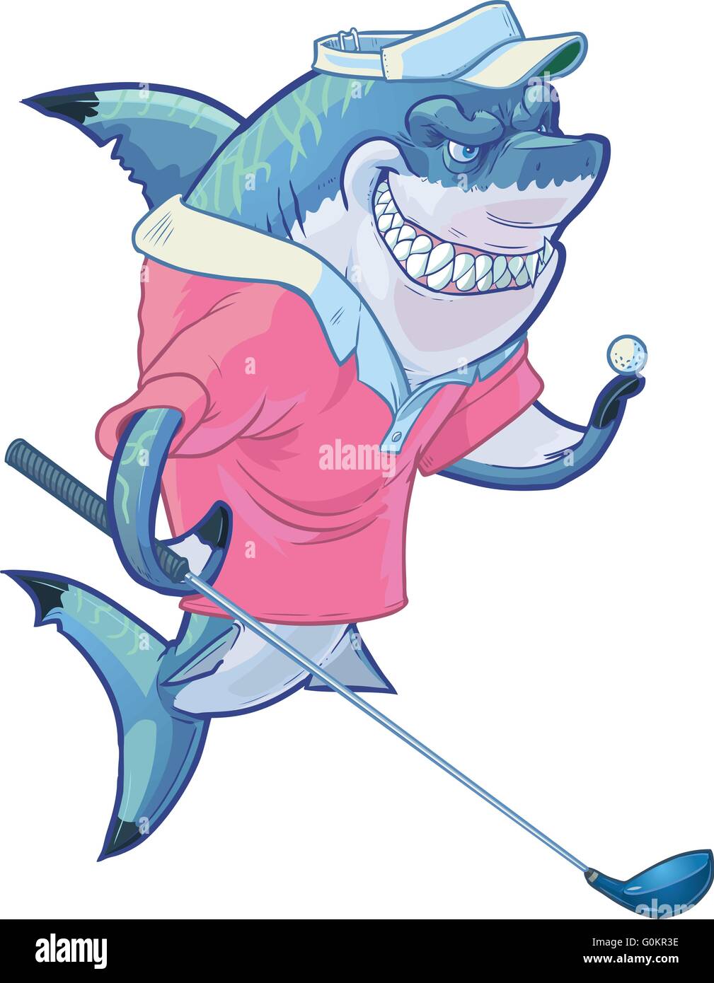 Vector cartoon clip art illustration d'une mascotte requin souriant moyenne portant un costume de golf tout en maintenant un pilote et la balle. Illustration de Vecteur