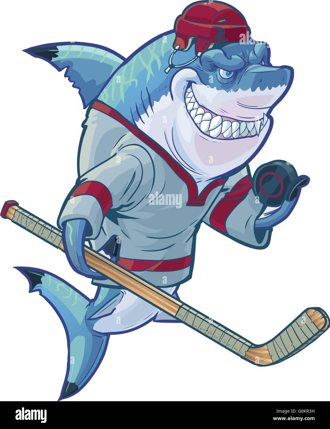 Vector cartoon clip art illustration d'une mascotte requin souriant moyenne portant un uniforme de hockey. Illustration de Vecteur