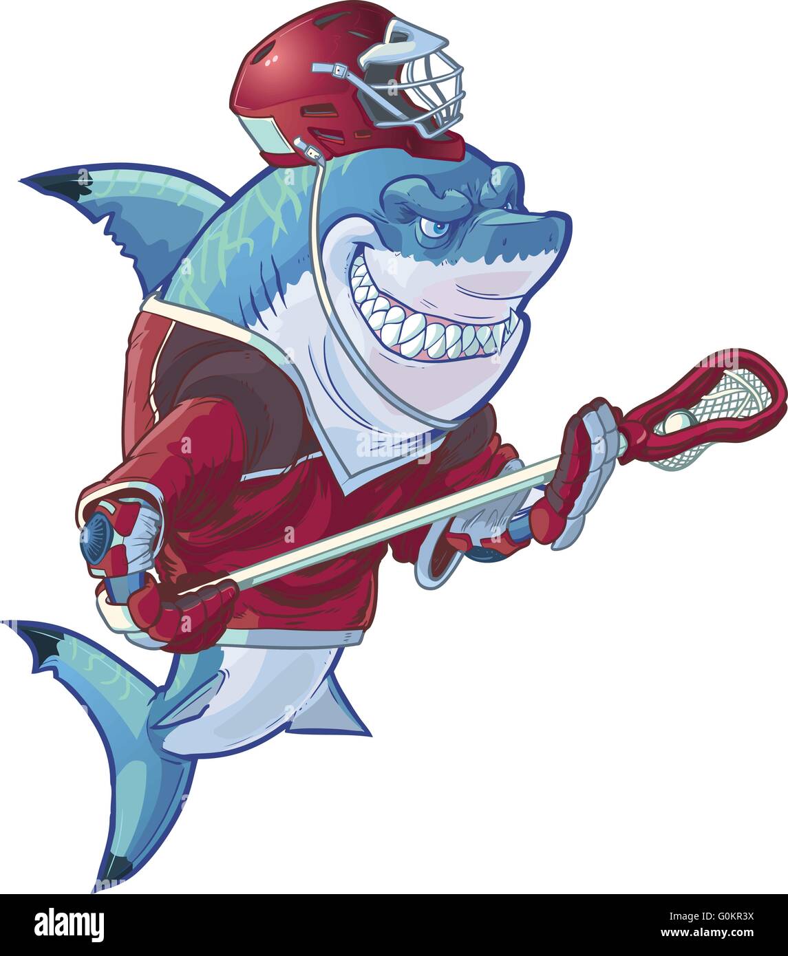 Vector cartoon clip art illustration d'une mascotte requin souriant moyenne portant un uniforme de crosse et un mauvais montage de casque. Illustration de Vecteur