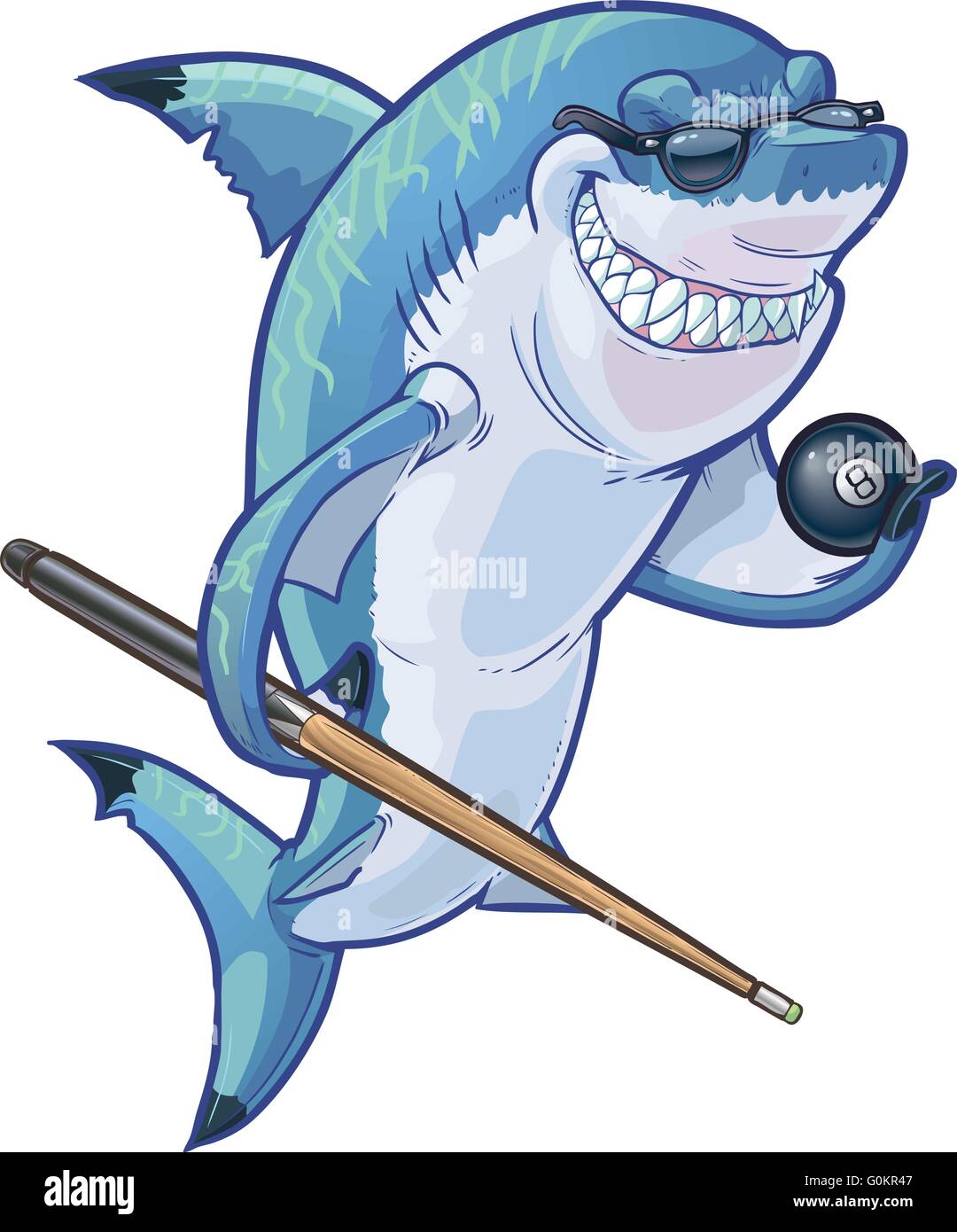 Vector cartoon clip art illustration d'une mascotte requin souriant moyenne portant des lunettes de soleil et la tenue de huit ball et billard Illustration de Vecteur