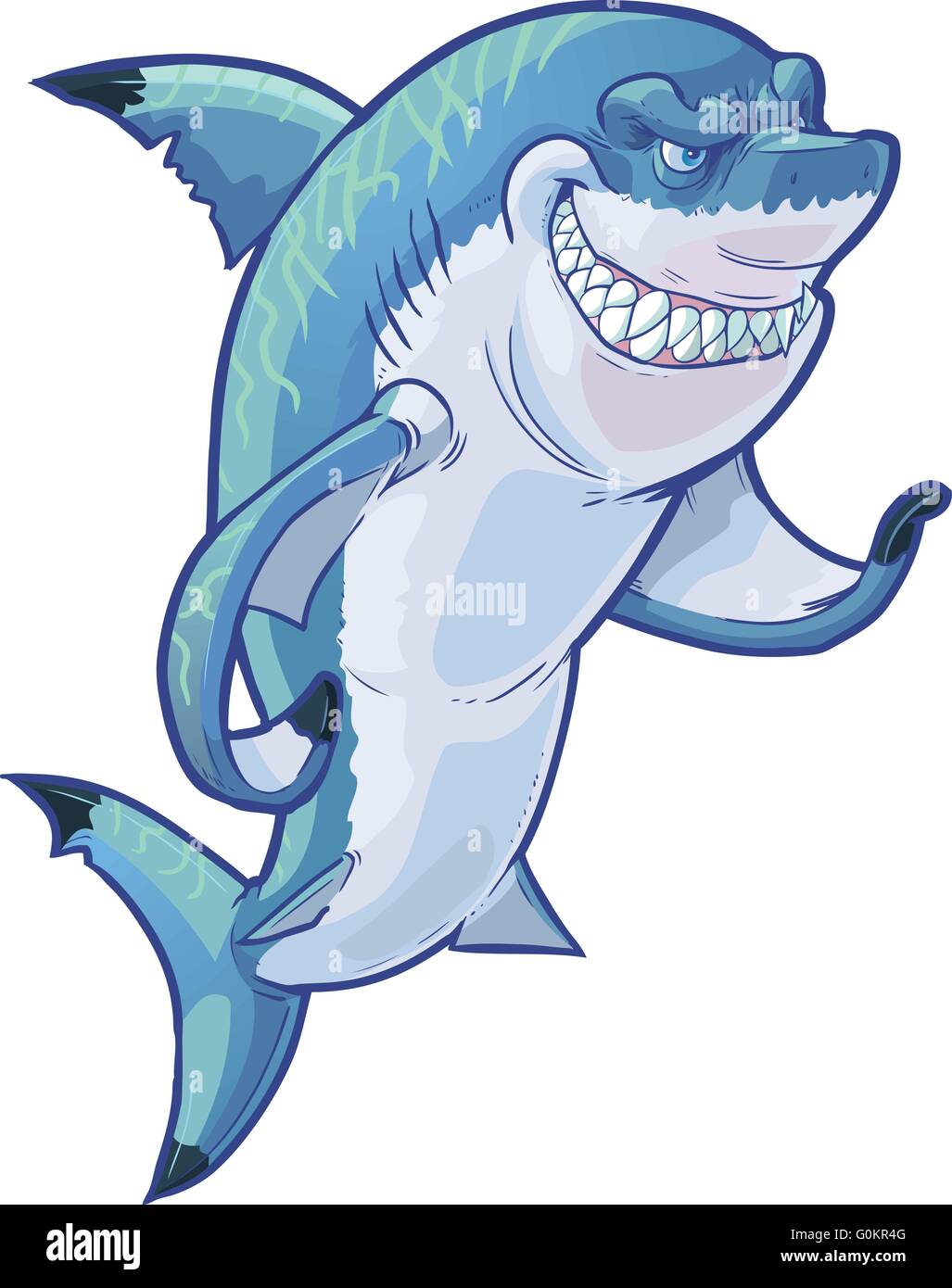 Vector cartoon clip art illustration d'une mascotte requin souriant moyenne gesticulant avec sa nageoire pectorale. Illustration de Vecteur