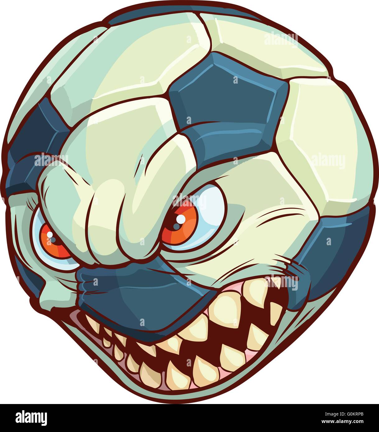 Vector cartoon clip art illustration d'un ballon de soccer ou de football avec un visage avec des yeux rouges et des dents pointues. Illustration de Vecteur