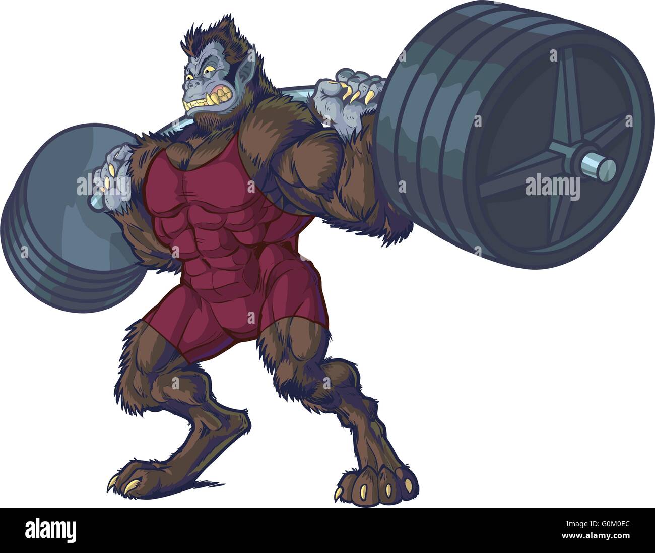 Vector cartoon clip art illustration d'un homme bête haltérophilie moyenne avec mascotte loup-garou et gorilla caractéristiques. Illustration de Vecteur