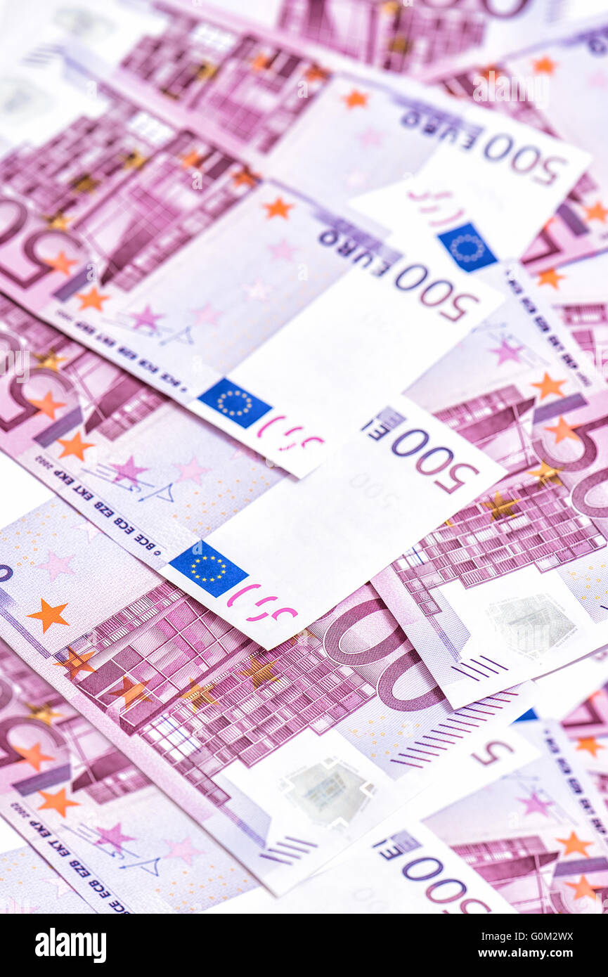 500 L'introduction des billets Les billets en euros. Cinq cent notes. Monnaie européenne. Contexte de l'argent Banque D'Images