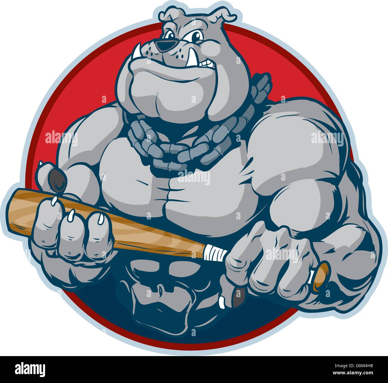 Vector cartoon clip art illustration d'une mascotte bulldog musculaire moyenne avec une chaîne autour de son cou avec une chauve-souris. Illustration de Vecteur