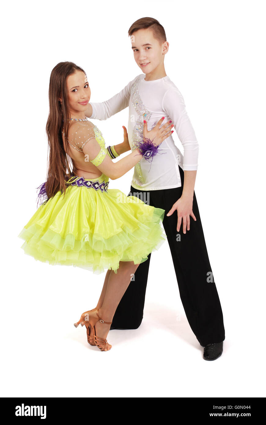 Garçon et fille danser La danse de salon sur fond blanc Banque D'Images