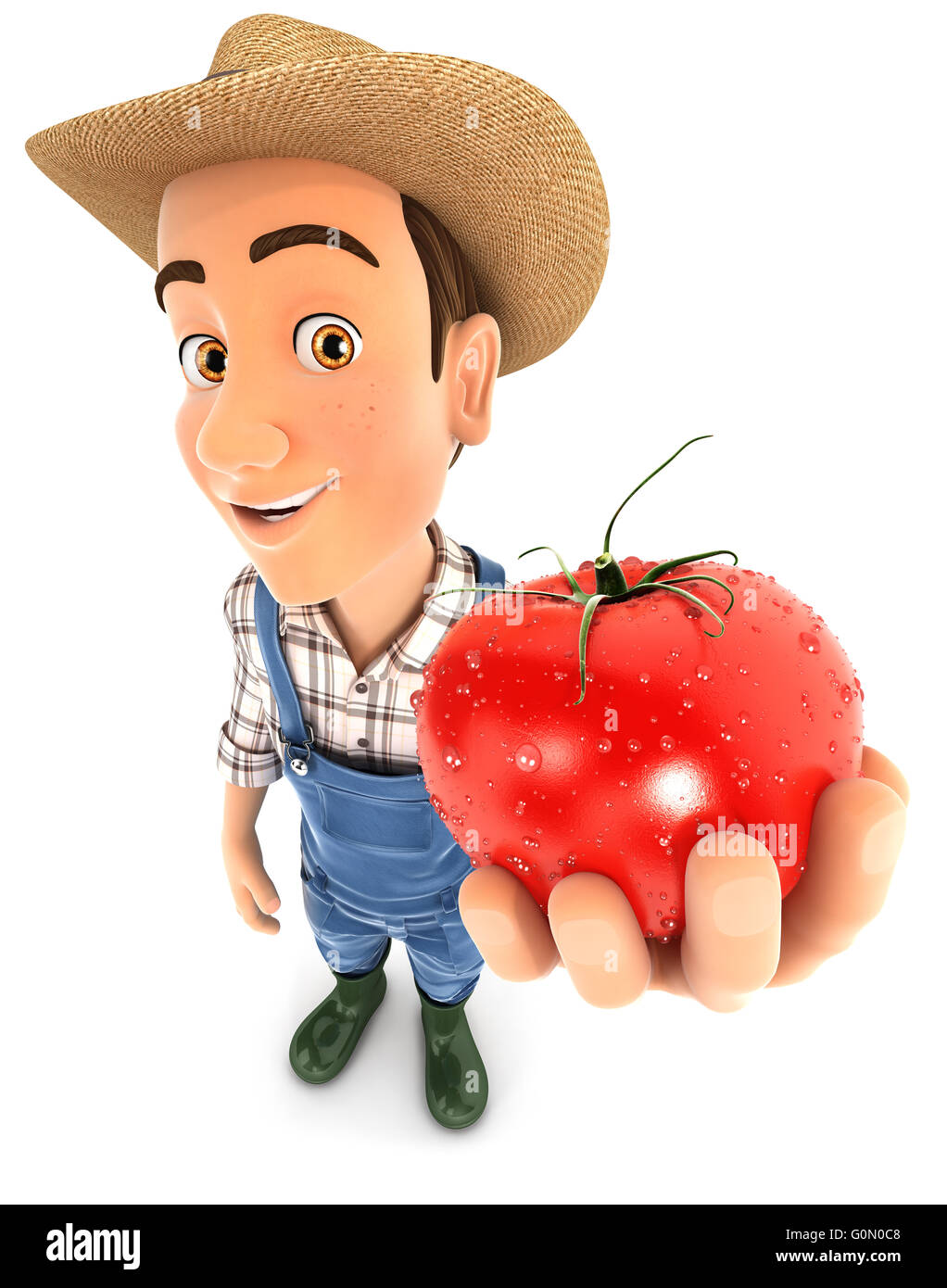 Farmer holding 3d'une tomate fraîche, illustration avec fond blanc isolé Banque D'Images