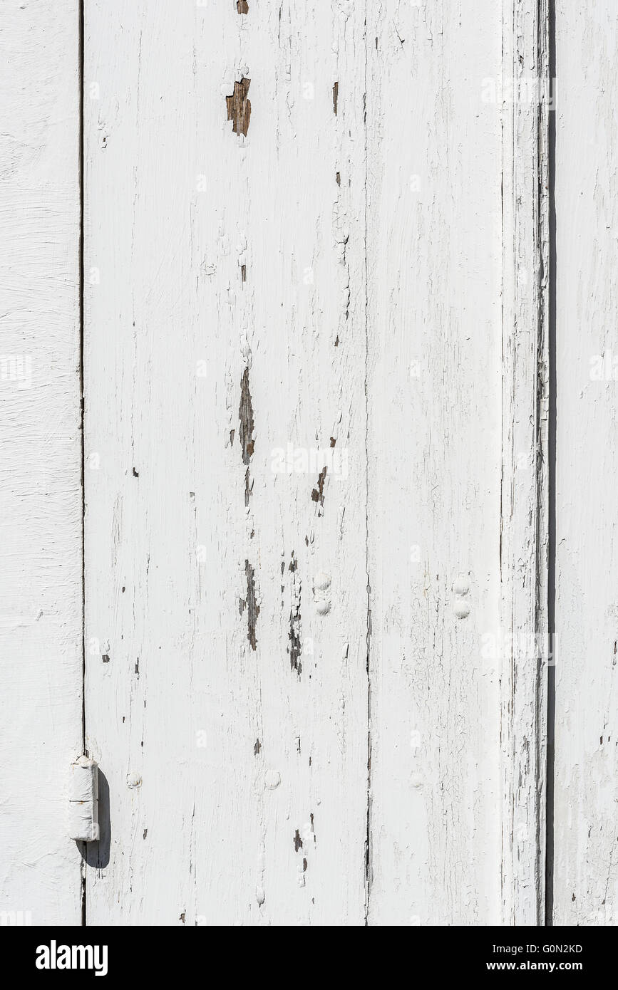 Porte en bois blanc patiné avec charnières texturé avec peinture blanche écaillée et peeling. Banque D'Images