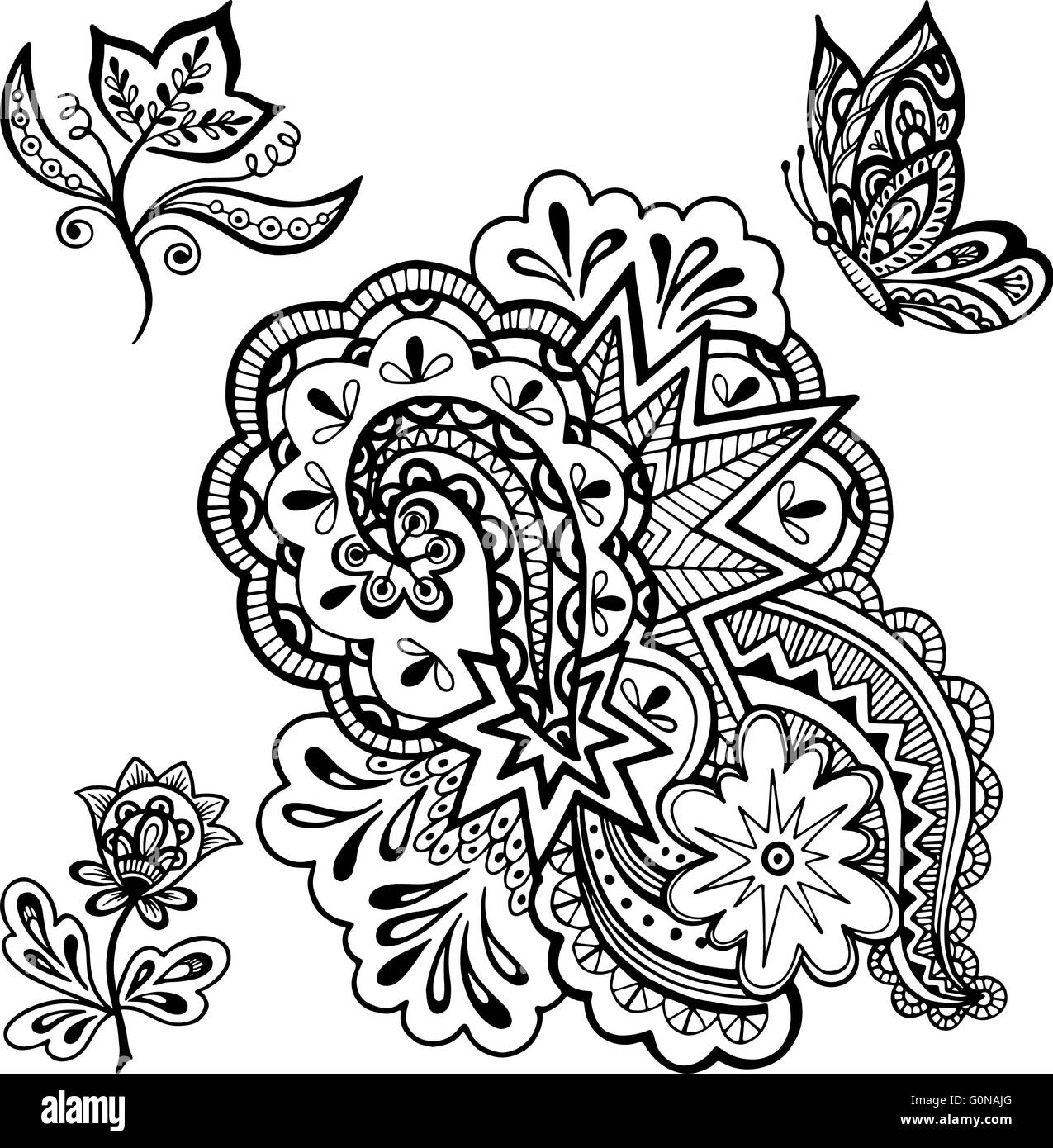 Motifs, fleurs et Contours Papillon Illustration de Vecteur
