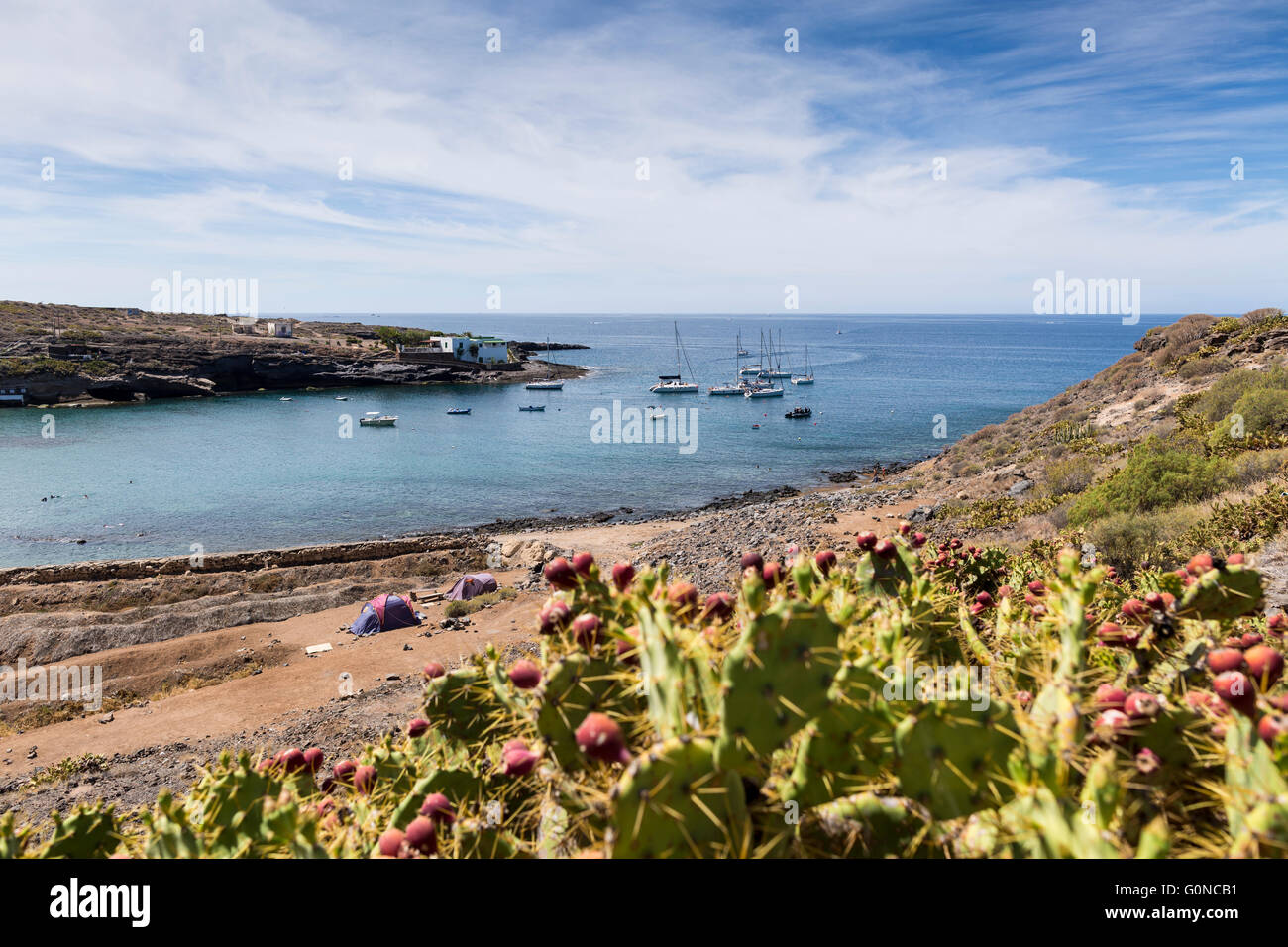 Les bateaux de plaisance portant sur les touristes des excursions moor dans la baie au large de la plage village portuaire de El Puertito de Adeje, Tenerife, Banque D'Images