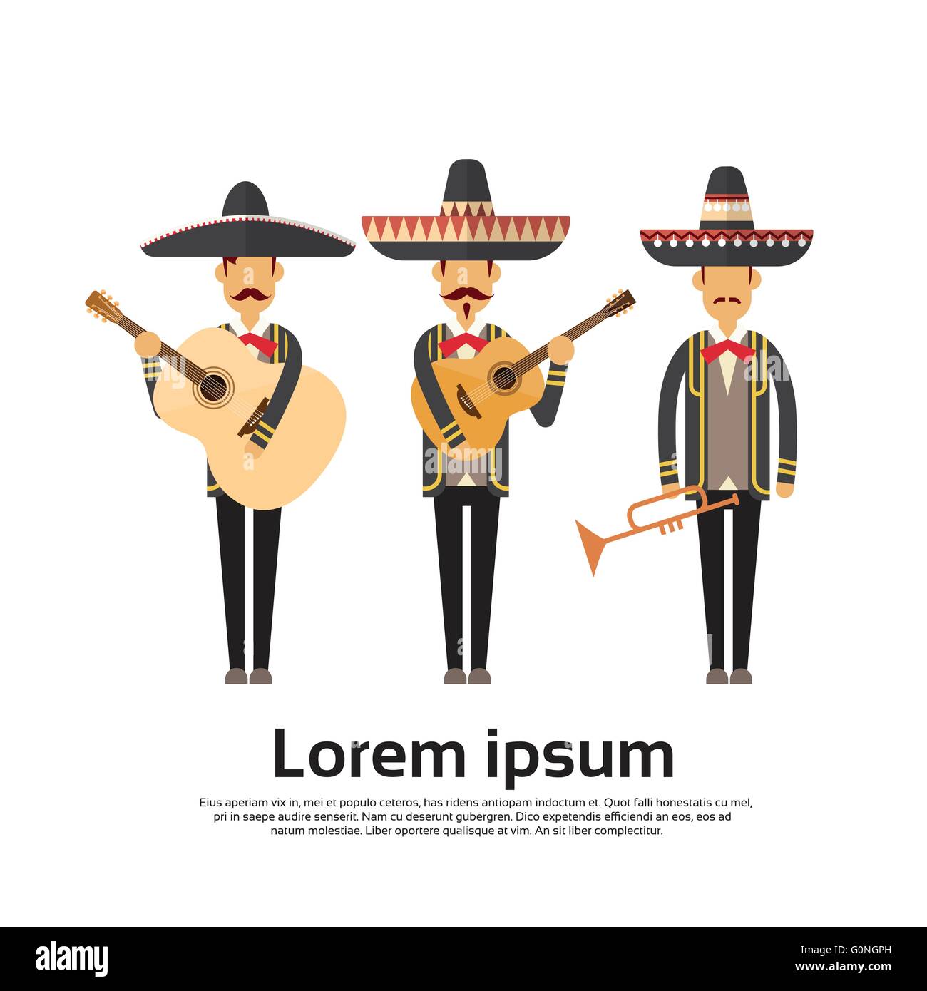 Mexican Man Group porter vêtements traditionnels interprète avec toute la longueur de la célébration d'instruments de musique Illustration de Vecteur