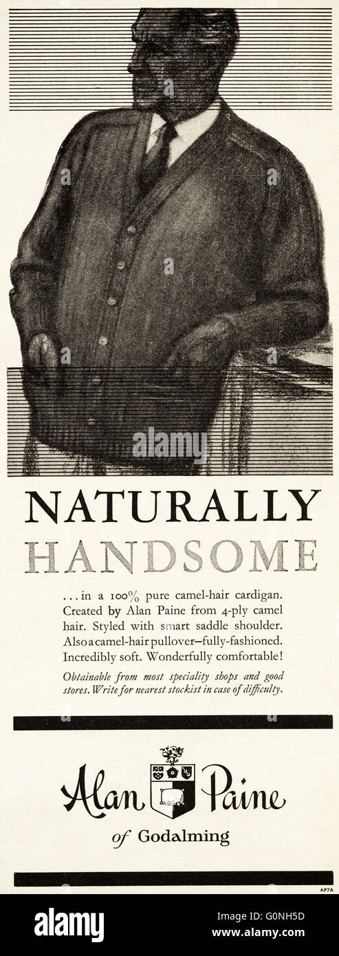 Old vintage original 1960 Annonce magazine daté 1962. Publicité Publicité cardigan poils de chameau par Alan Paine de Godalming Banque D'Images