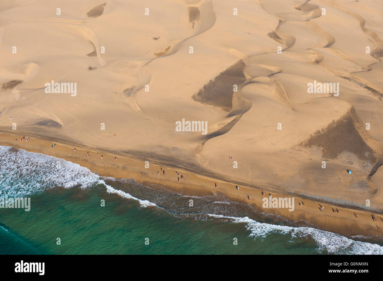 Espagne, îles Canaries, Grande Canarie, Maspalomas, dunes et plage (vue aérienne) Banque D'Images