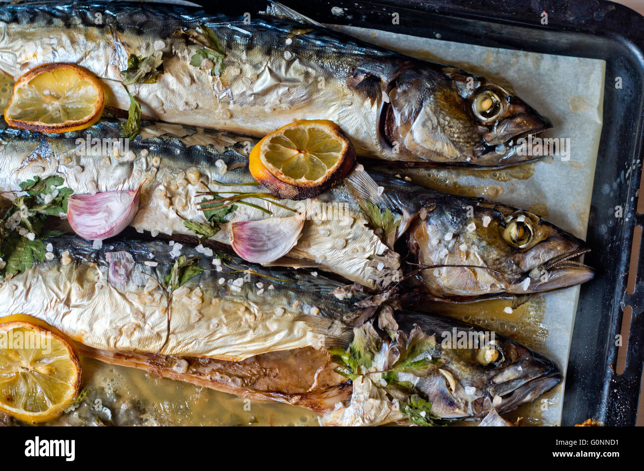 Excellent poisson bleu frais pour une alimentation saine fraîchement cuisinés avec de l'huile d'olive, citron et herbes Banque D'Images