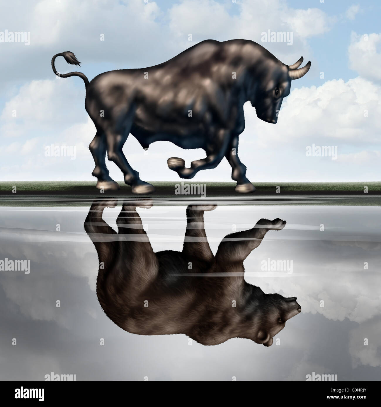 Panneaux d'avertissement d'investissement financier comme une métaphore de la bourse avec un taureau de la création d'un reflet dans l'eau d'un ours qu'un ralentissement économique ou une récession des prévisions dans un style 3D illustration. Banque D'Images