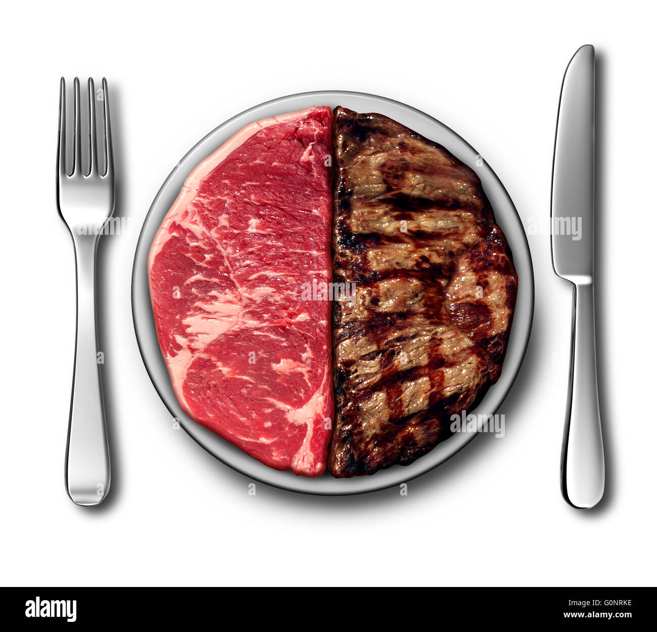 Dîner barbecue Steak comme symbole d'un barbecue couvert avec de la viande crue et de bifteck dans comme un avant la grille et après avoir été cuits avec concept illustration 3D éléments. Banque D'Images
