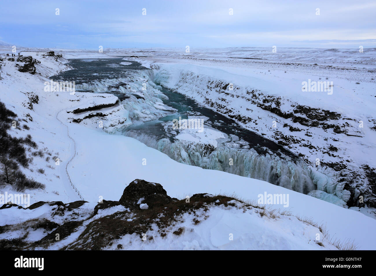 L'hiver, la cascade de Gullfoss, le Parc National de Pingvellir, UNESCO World Heritage Site, sud-ouest de l'Islande, Europe Banque D'Images