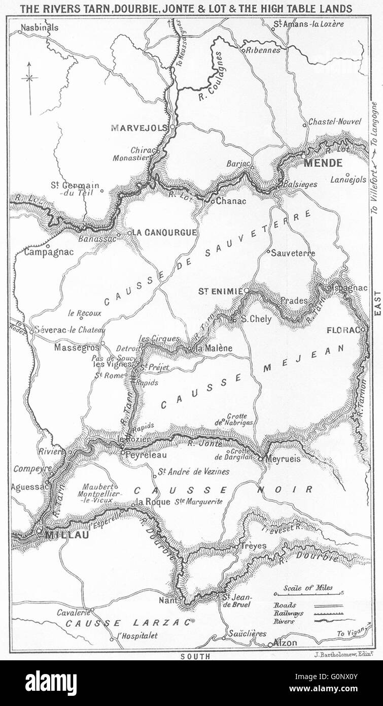 TARN : rivières, Dourbie, de la Jonte & & table haute terres, 1899 carte antique Banque D'Images