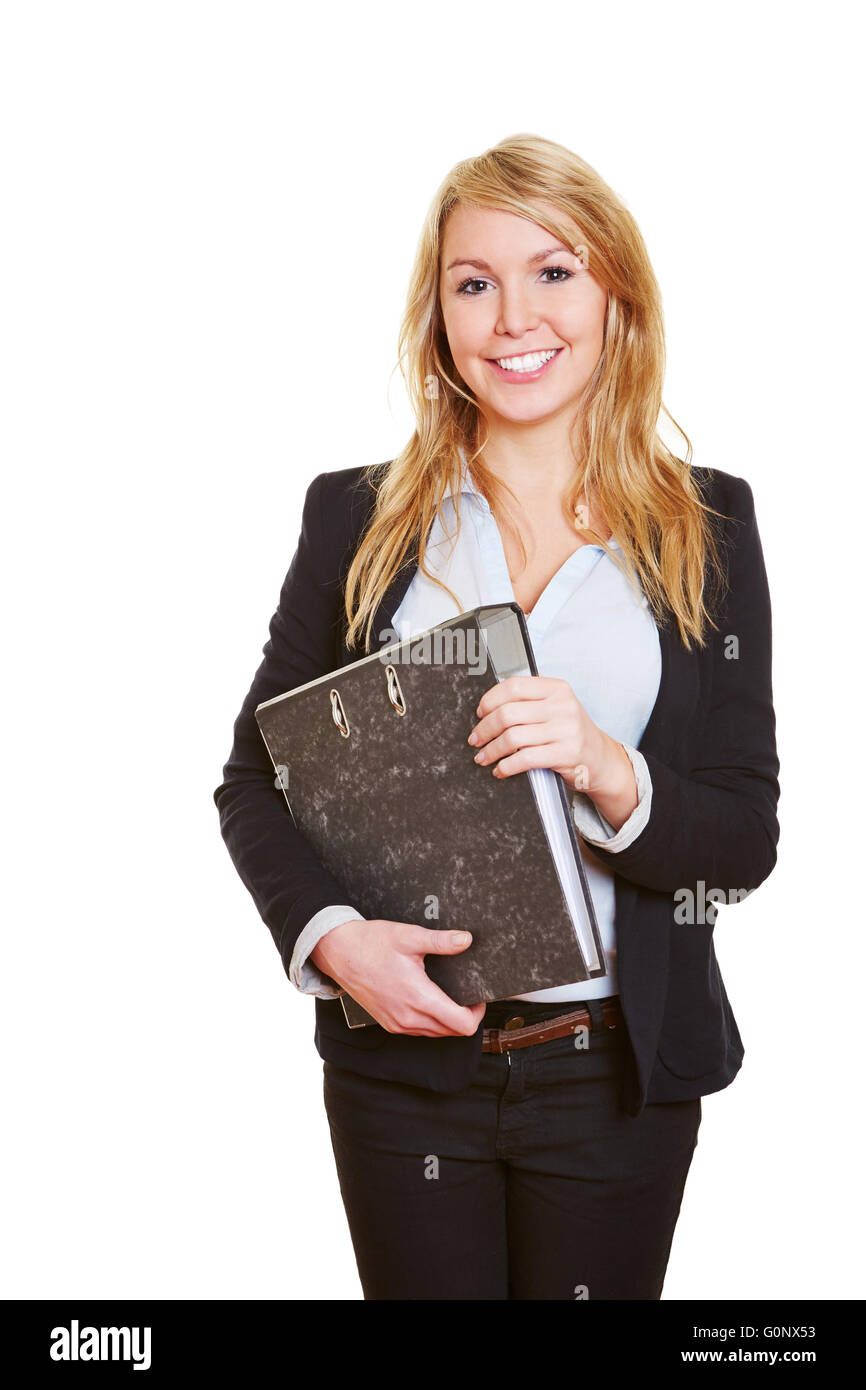 Young happy blonde business woman with folder Banque D'Images