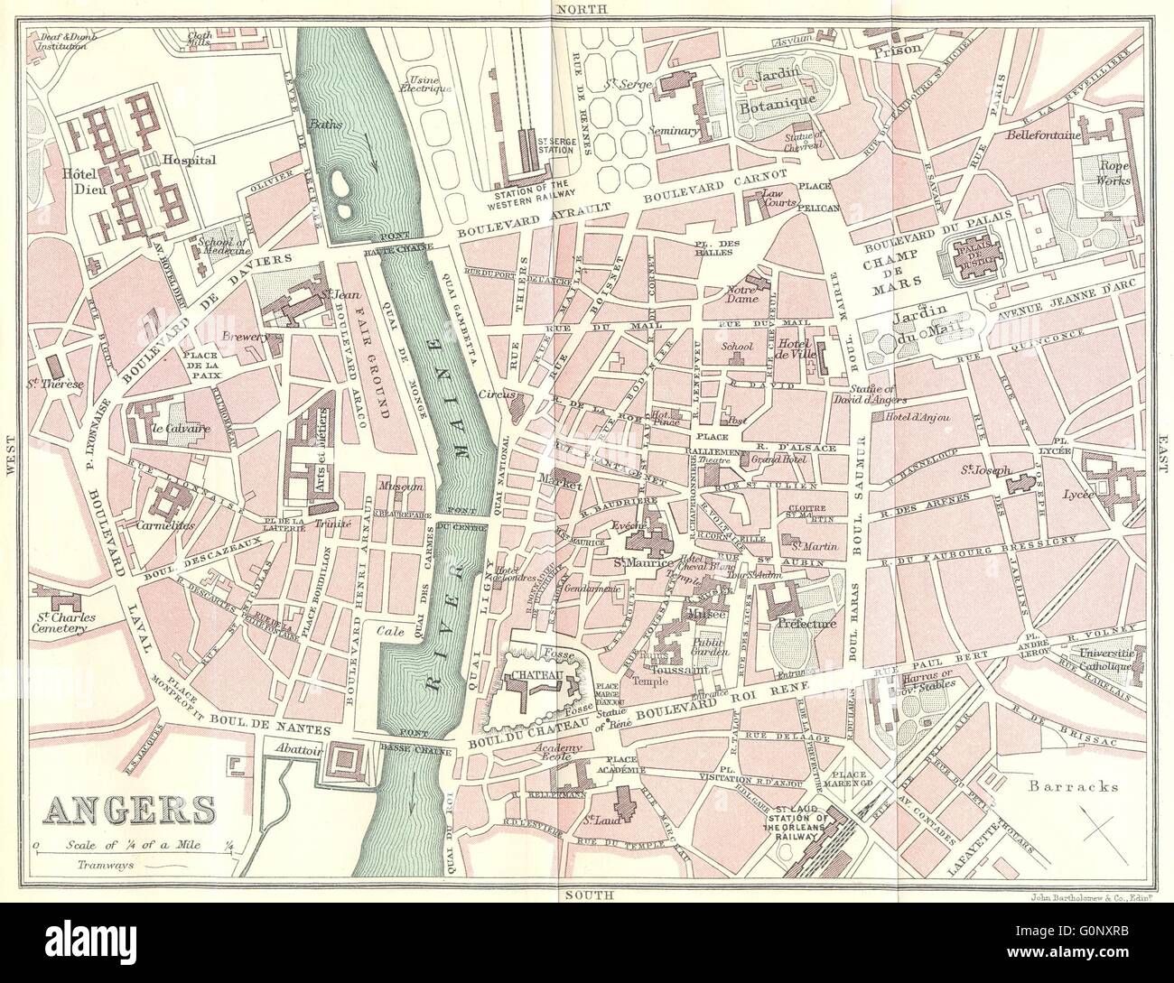 ANGERS ville plan de la ville. Maine-et-Loire, 1914 carte antique Banque D'Images