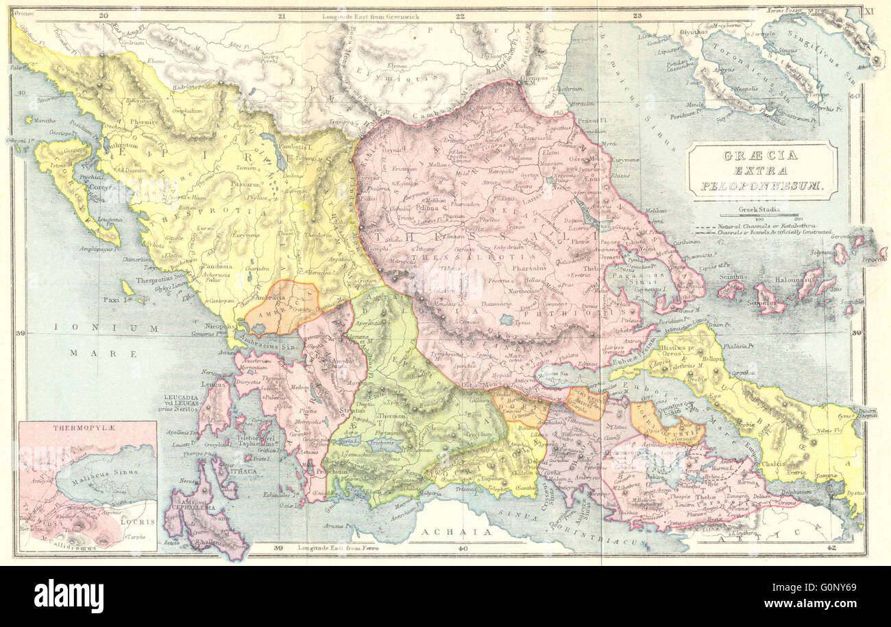 Grèce : très Peloponnesum ; Graecia Thermopyles, 1908 carte antique Banque D'Images