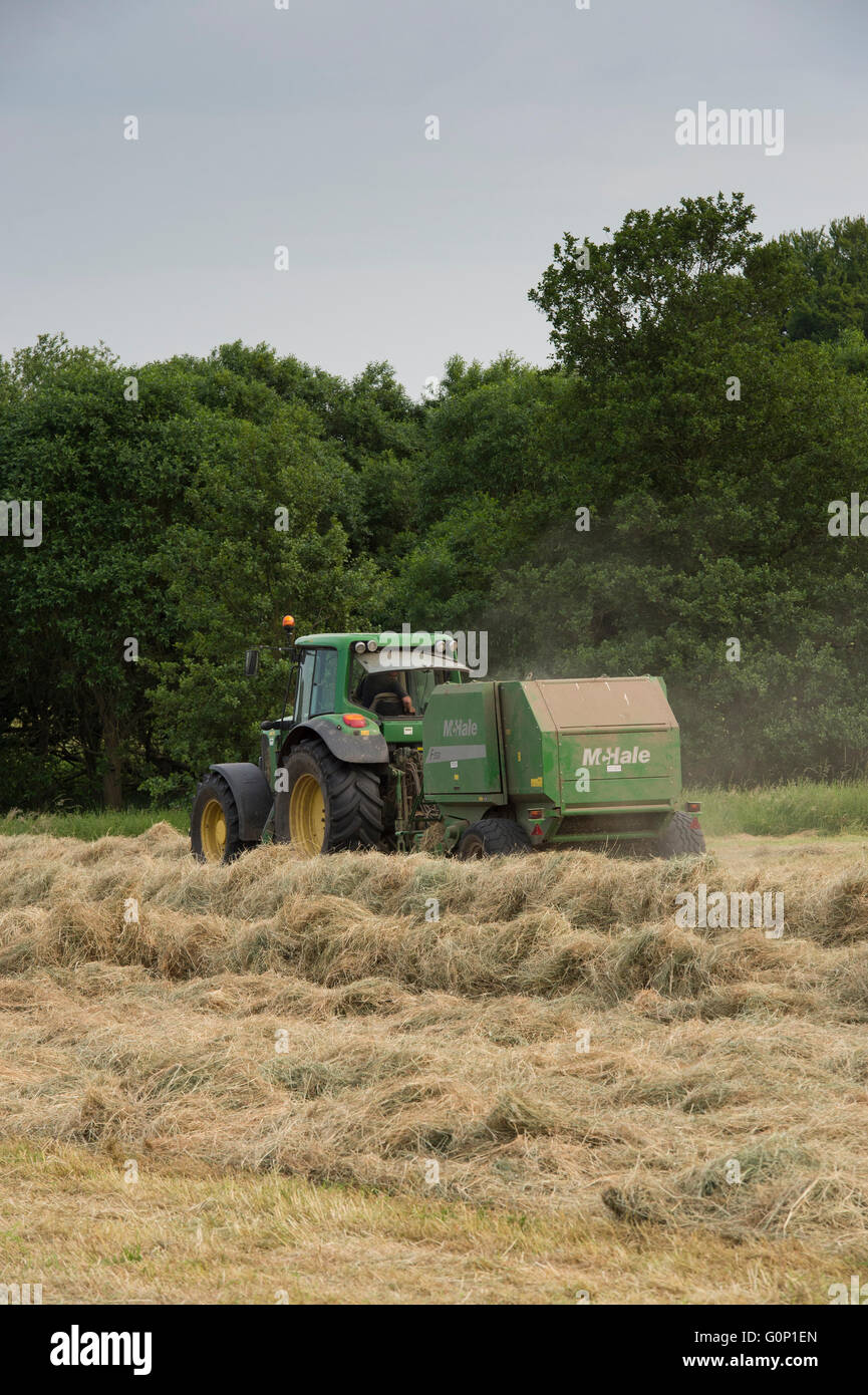 Du foin ou ensilage - vert, tracteur agricole tirant à balles rondes, de conduite et de travail dur dans le champ à grande Ouseburn, North Yorkshire, Angleterre, Royaume-Uni. Banque D'Images